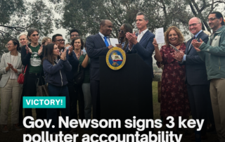 California Governor signing bills at a lectern with group of advocates around him.